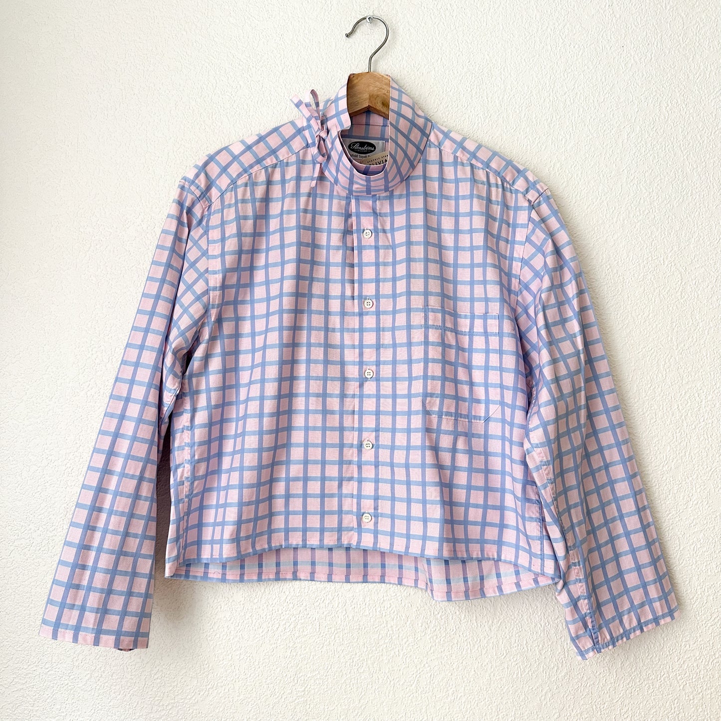Mock Neck Pink Plaid Shirt - Upcycled Shirt 62 - M-L, Cotton