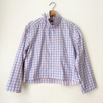 Mock Neck Pink Plaid Shirt - Upcycled Shirt 62 - M-L, Cotton
