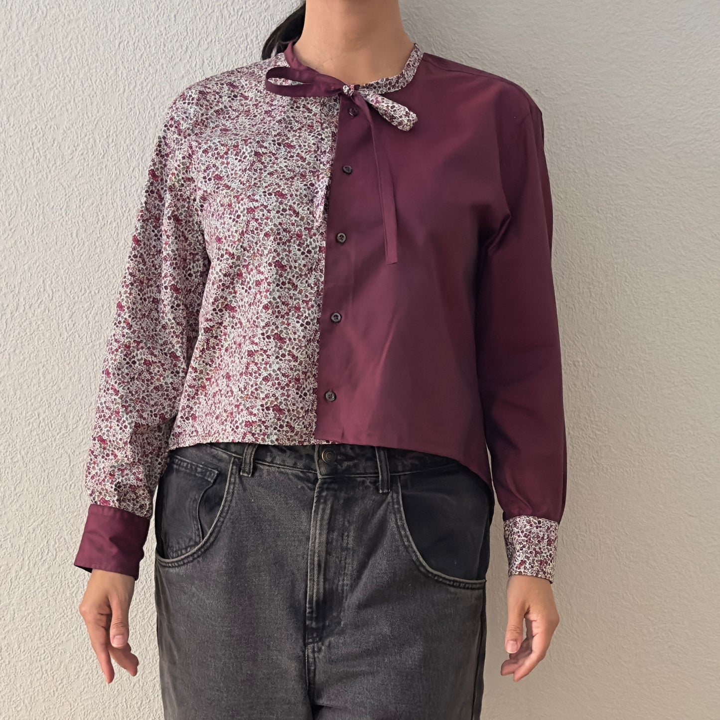 Contrasted Shirt Burgundy/Tiny Flowers - Upcycled Shirt 25 - M, Cotton