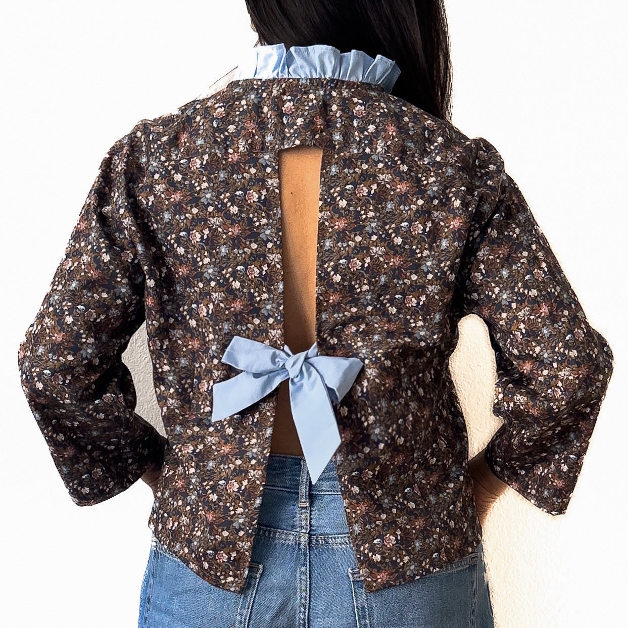 Open Back Light Blue Bow - Upcycled Shirt 67 - M,L, Cotton, Multicolored