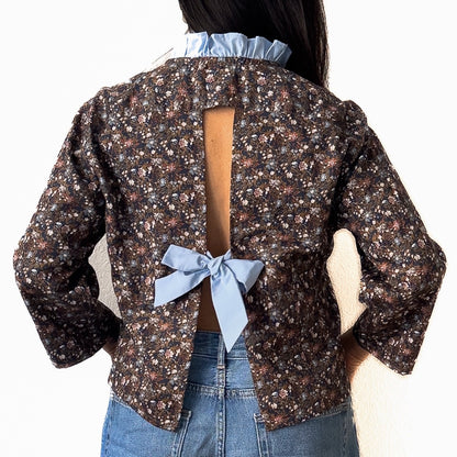 Open Back Light Blue Bow - Upcycled Shirt 67 - M,L, Cotton, Multicolored