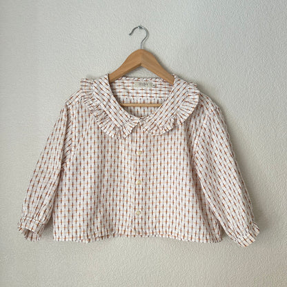 Ruffle Collar Blouse - Upcycled Shirt 9 - M, Cotton, Cross Pattern