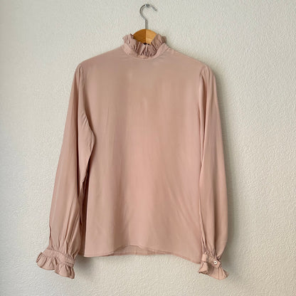 Vintage Pink Ruffle Collar Silk Blouse - size 40