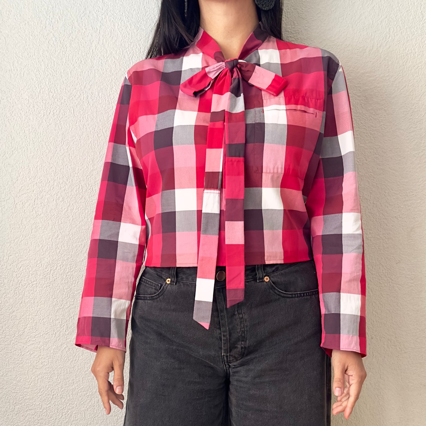 PLAID tie neck - Upcycled Shirt 51 - M, Cotton