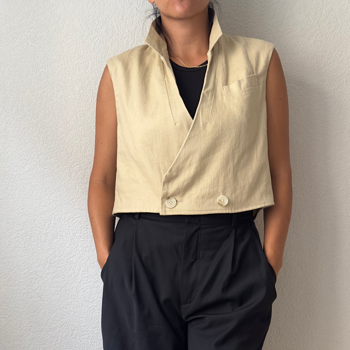 Upcycled Bow Vest Beige/Leopard Silk Bow - size S