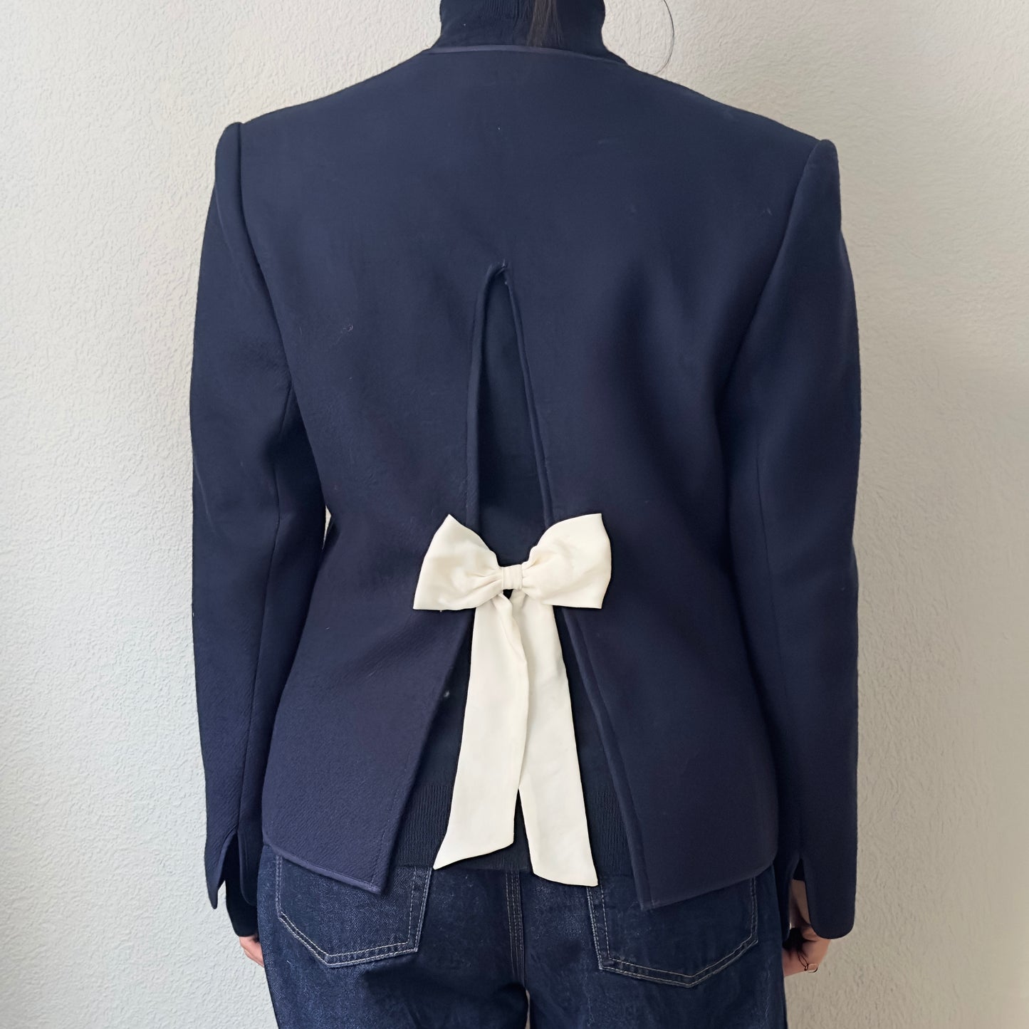 Upcycled Bow Blazer Navy Blue/White, Pure Wool - size S