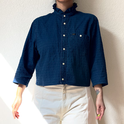 Denim Ruffle Neck Shirt - Upcycled Shirt 65 - S-M, Organic Cotton