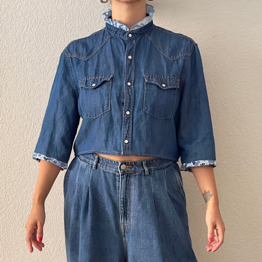 Denim Ruffle Neck - Upcycled Shirt 22 - M, Cotton, Dark Blue