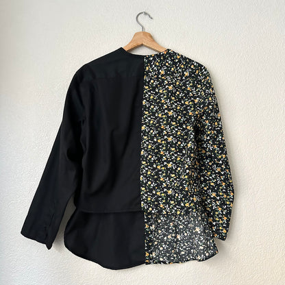 Contrasted Shirt black/yellow flowers - Upcycled Shirt 66 - L, Cotton