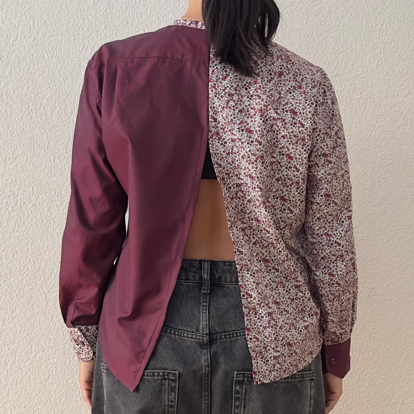 Contrasted Shirt Burgundy/Tiny Flowers - Upcycled Shirt 25 - M, Cotton