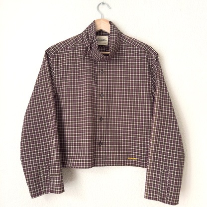 Mock Neck Brown Burgundy Plaid Shirt - Upcycled Shirt 60 - S, Cotton