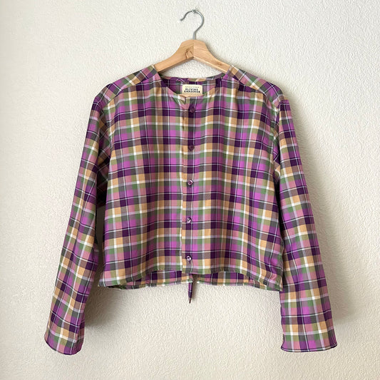 Purple Plaid Shirt - open back with bow- Upcycled Shirt 50 - S-M
