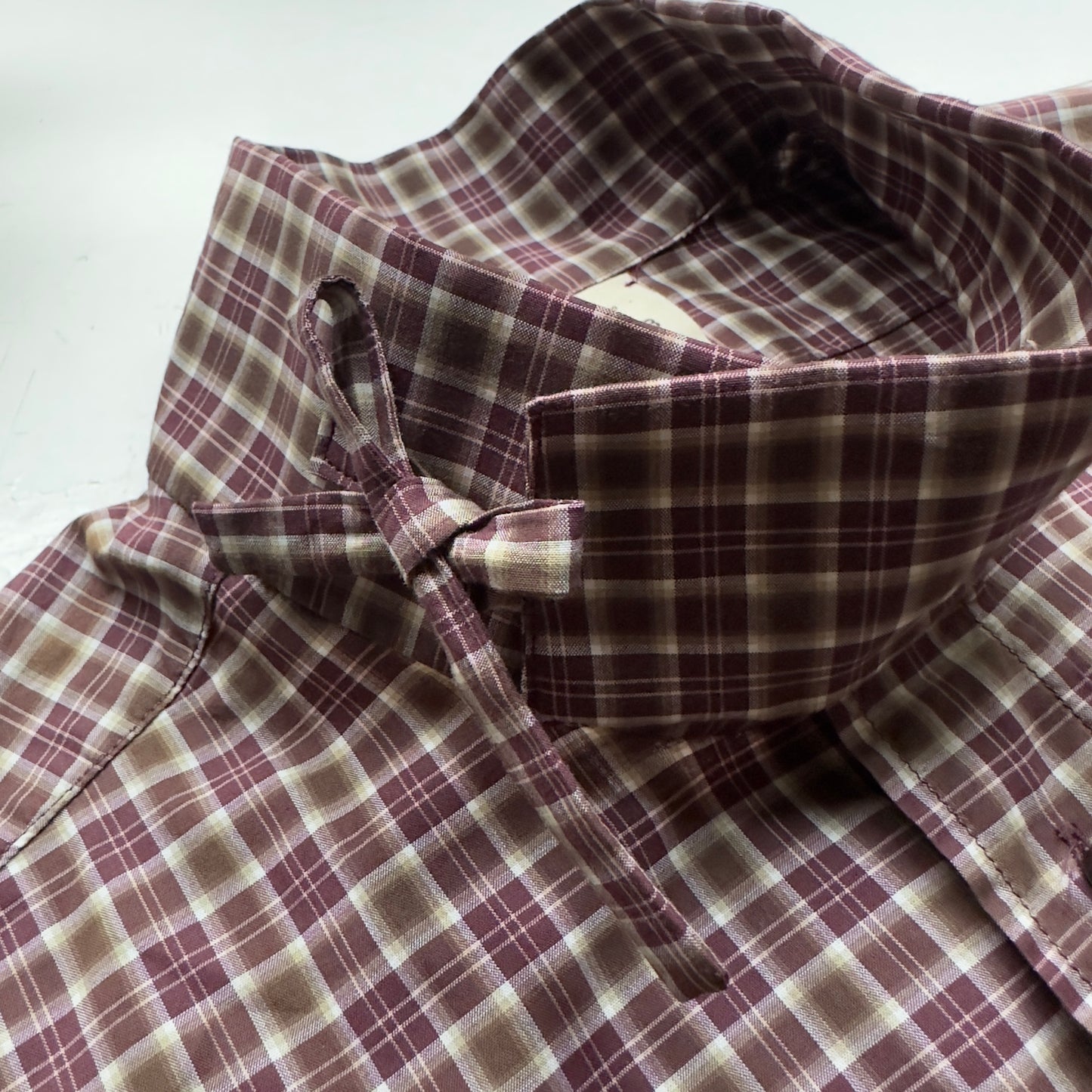 Mock Neck Brown Burgundy Plaid Shirt - Upcycled Shirt 60 - S, Cotton