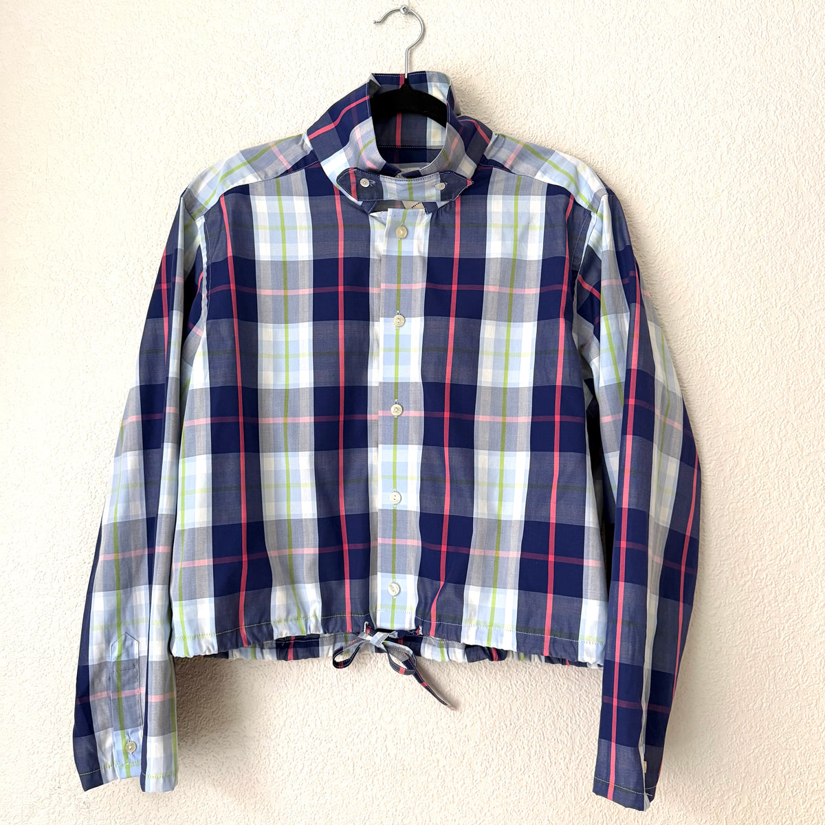 Stand collar + flap - Upcycled Shirt 69 - M,L, Cotton, Blue plaid