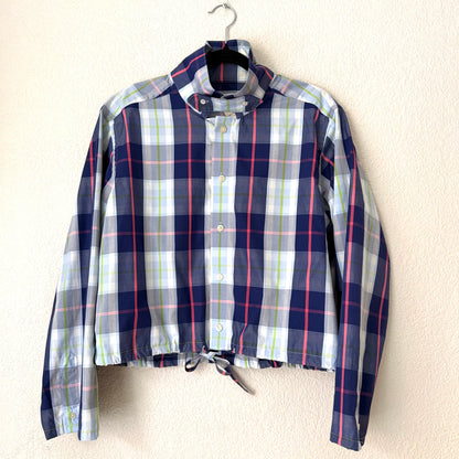 Stand collar + flap - Upcycled Shirt 69 - M,L, Cotton, Blue plaid