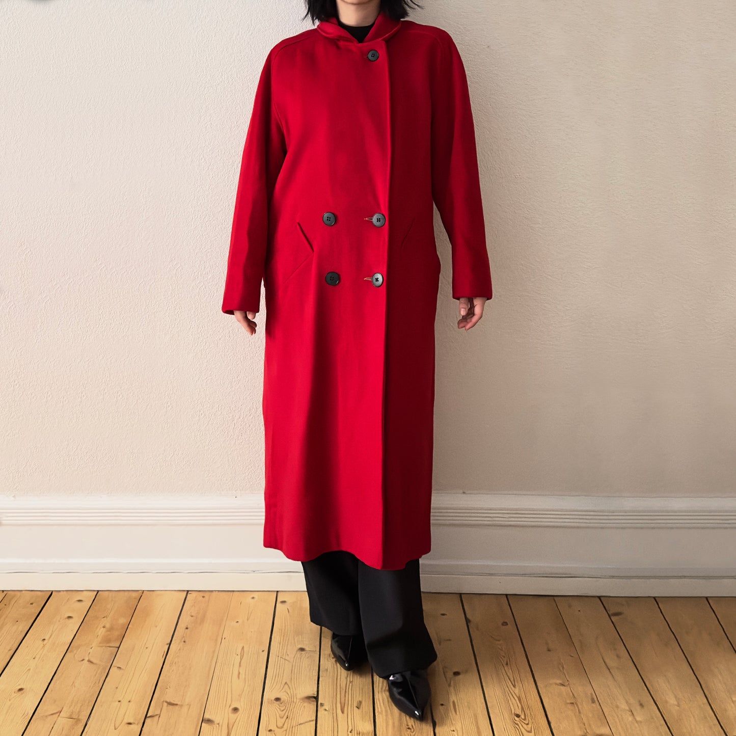 Vintage Red Wool Coat Pleated Detail- size M