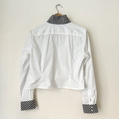 Mock Neck White Checks Shirt - Upcycled Shirt 57 - S, Cotton