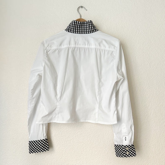 Mock Neck White Checks Shirt - Upcycled Shirt 57 - S, Cotton