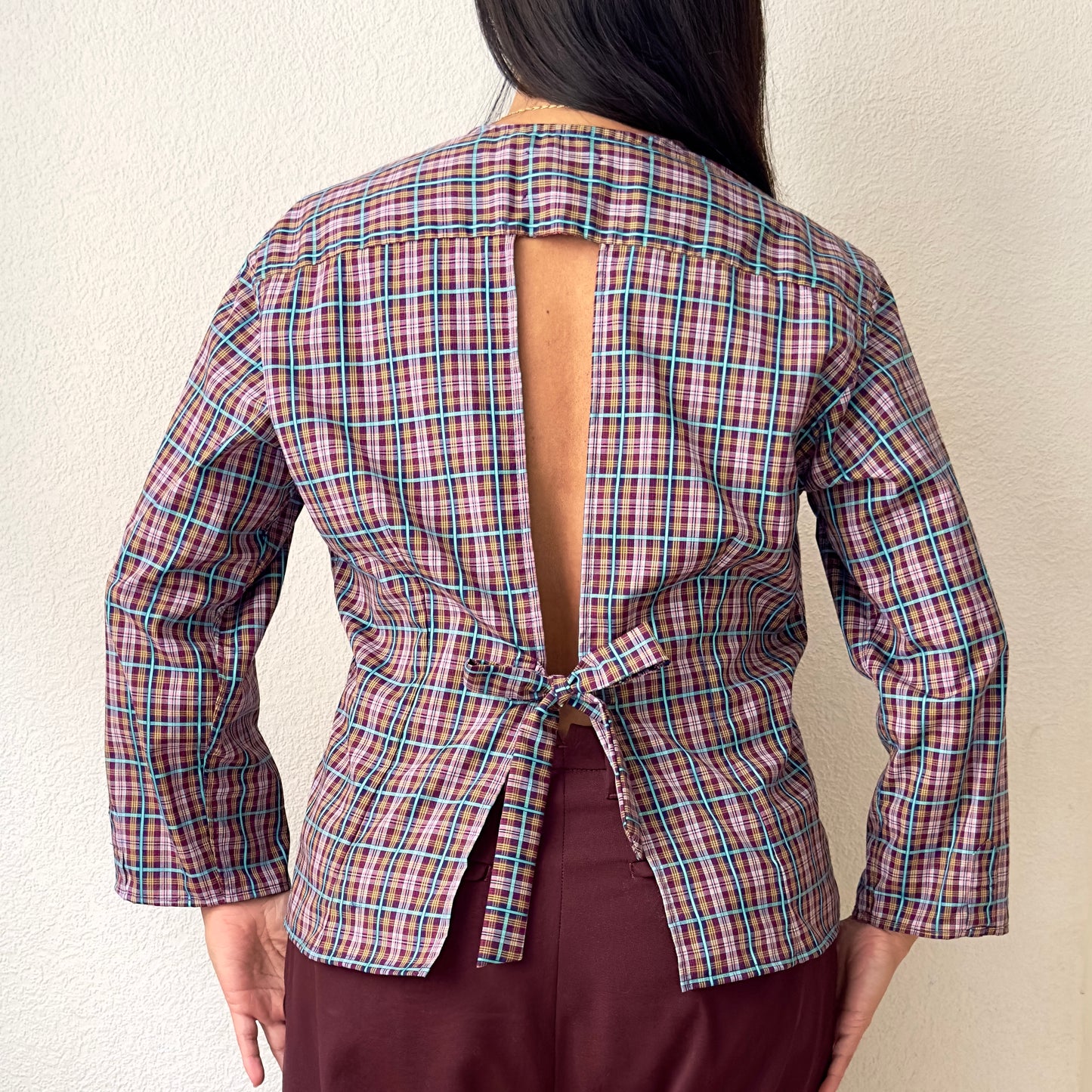 Purple Plaid Shirt - open back with bow- Upcycled Shirt 47 - S-M