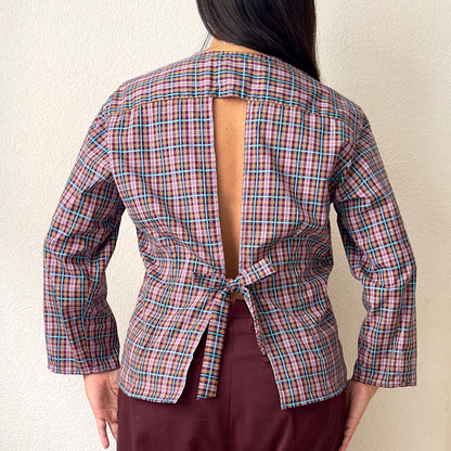 Purple Plaid Shirt - open back with bow- Upcycled Shirt 47 - S-M