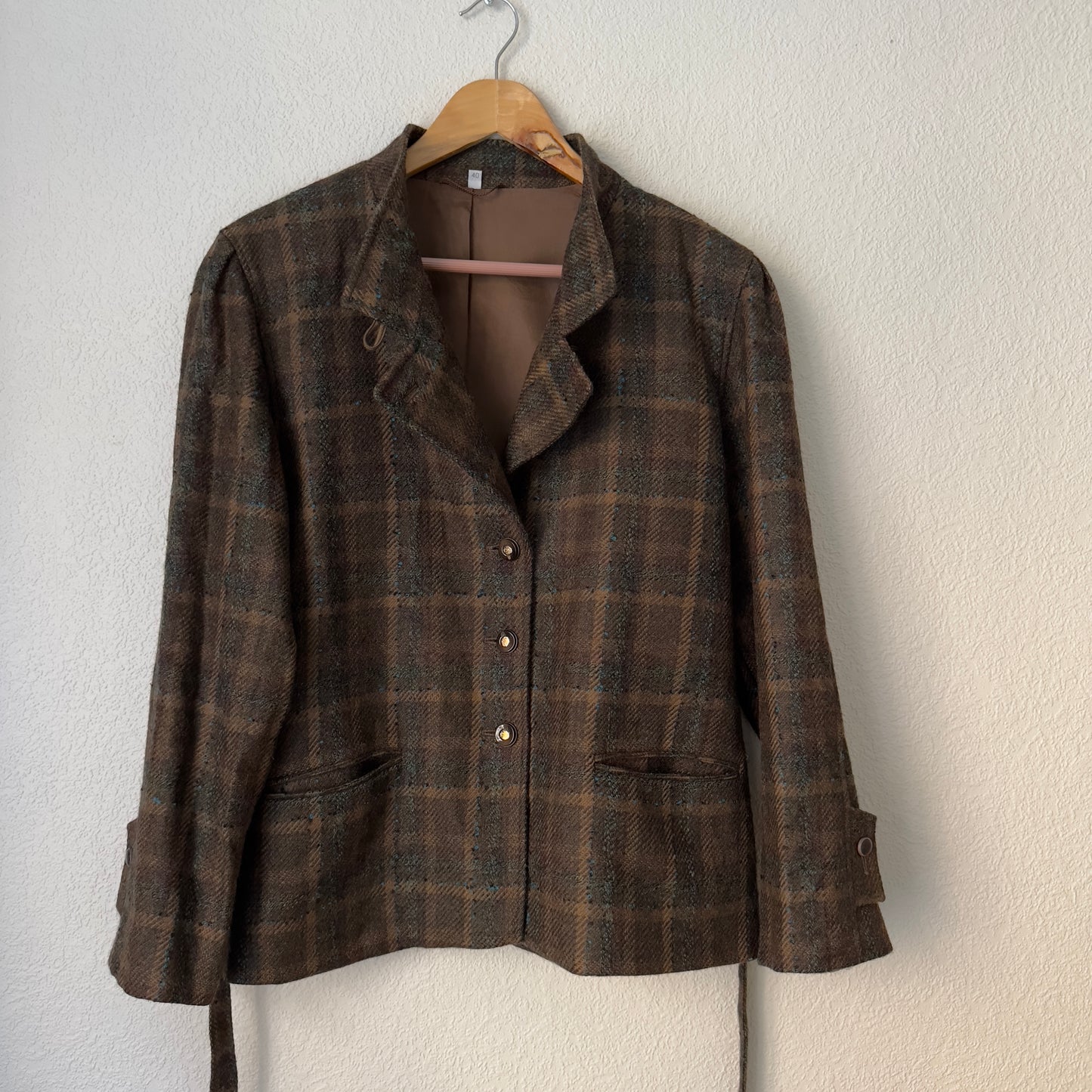 Vintage Brown Wool Blazer with Belt and Scarf