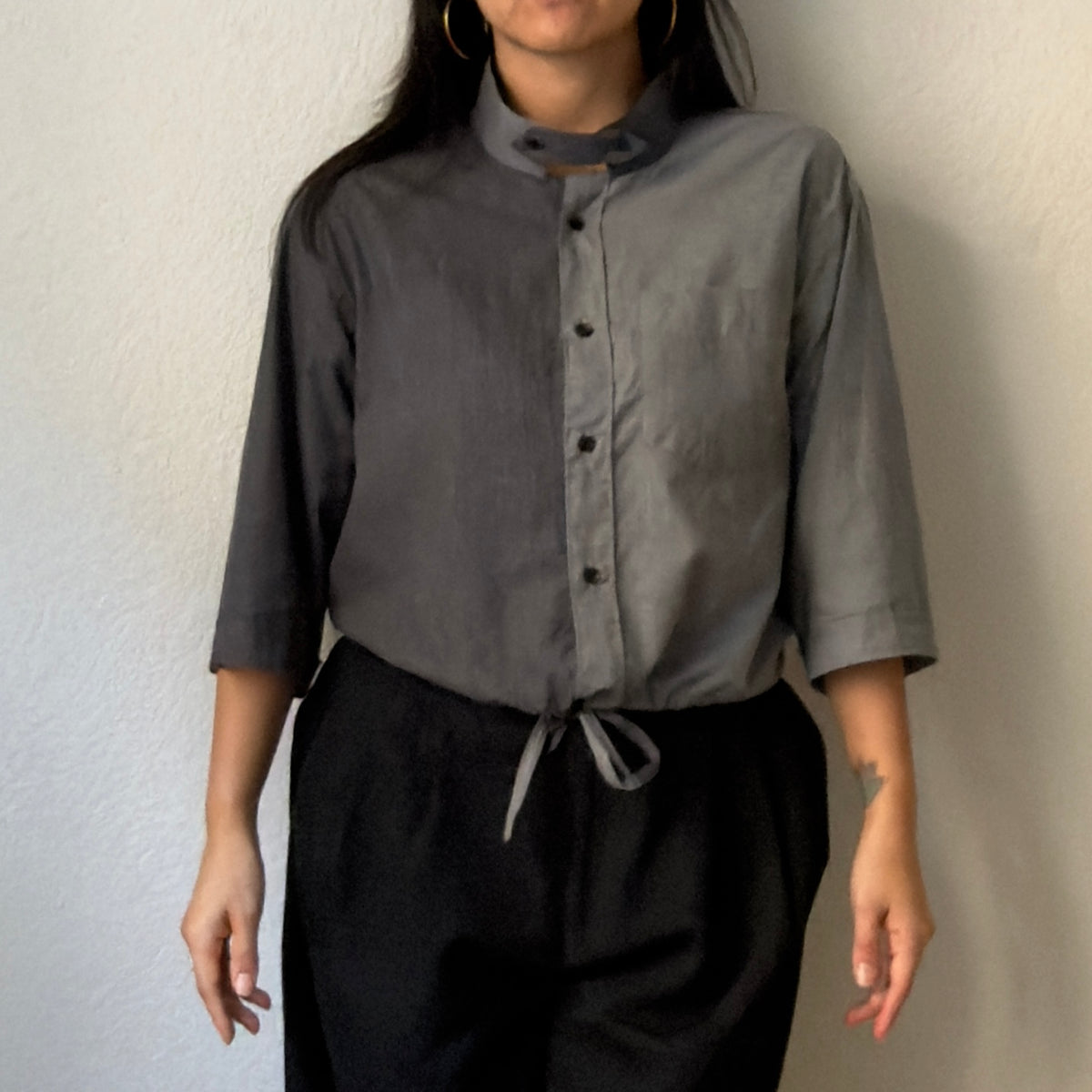 Stand collar + flap - Upcycled Shirt 68 - M,L, Cotton, Gray
