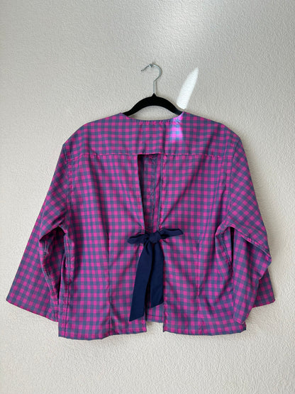 Fucsia Plaid Shirt - open back with bow- Upcycled Shirt 48 - S-M