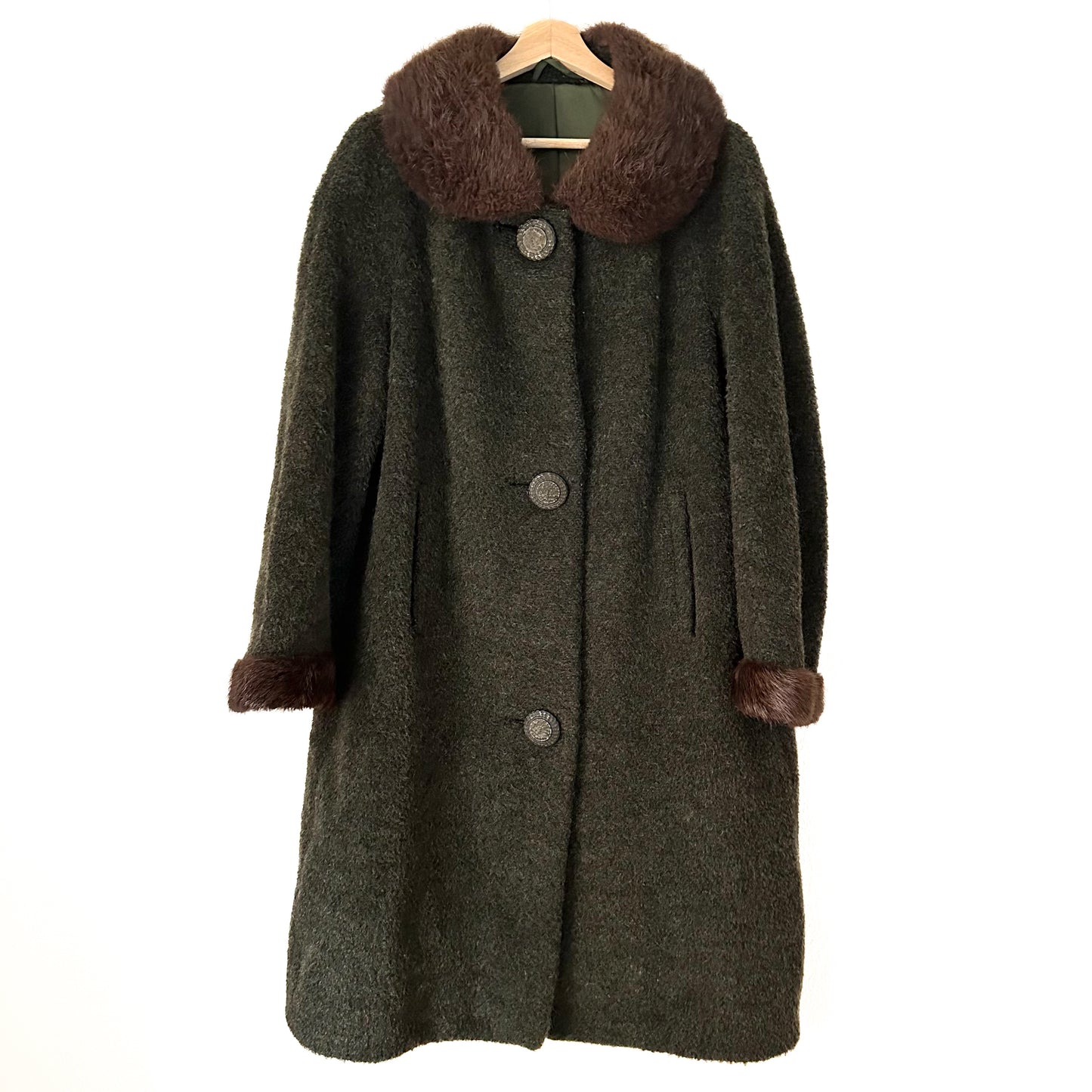 Vintage Green Coat - Real fur details, Size S-M