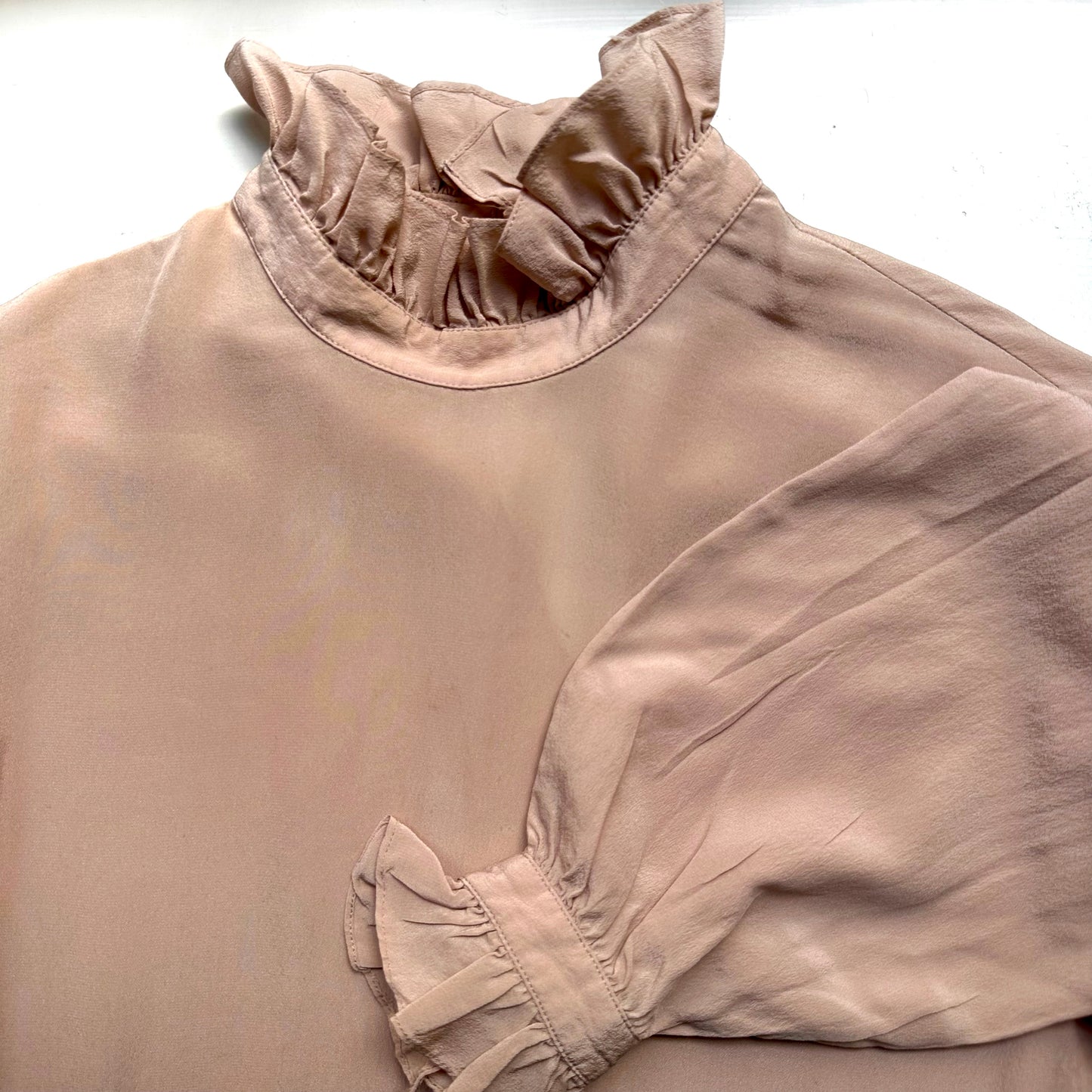 Vintage Pink Ruffle Collar Silk Blouse - size 40