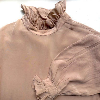 Vintage Pink Ruffle Collar Silk Blouse - size 40