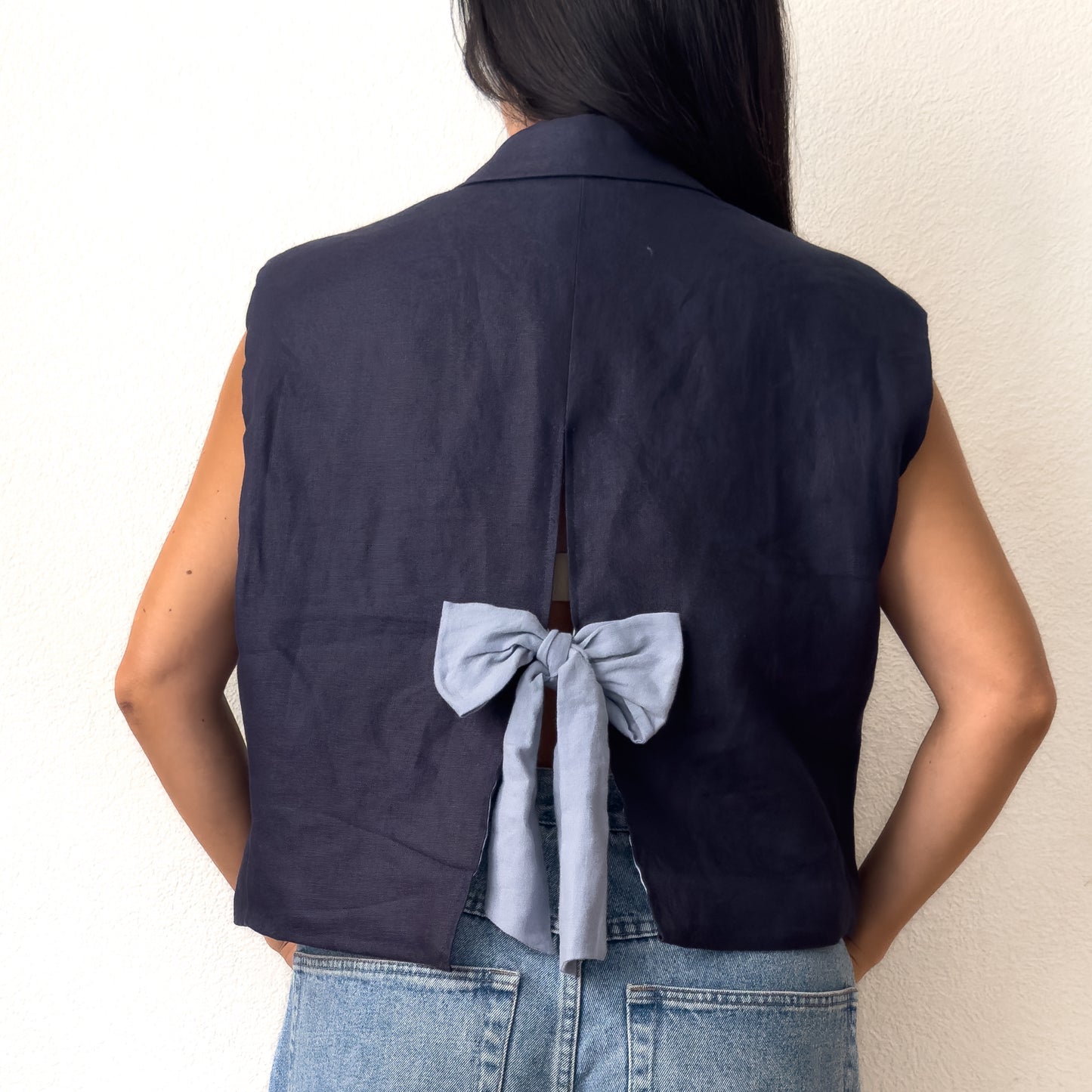 Upcycled Bow Vest Blue/Silk Bow - size M