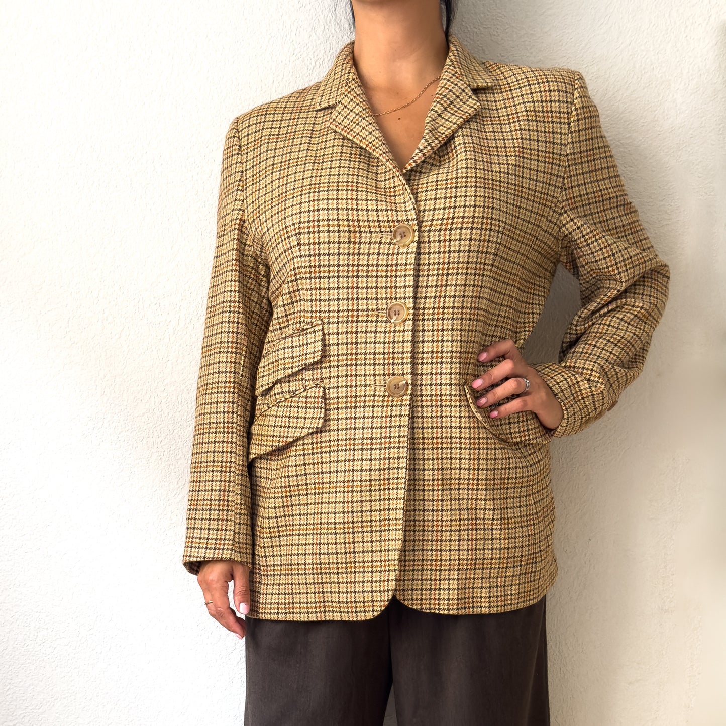 Vintage Houndstooth Plaid Wool Blazer - size 40