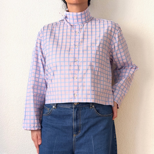 Mock Neck Pink Plaid Shirt - Upcycled Shirt 62 - M-L, Cotton