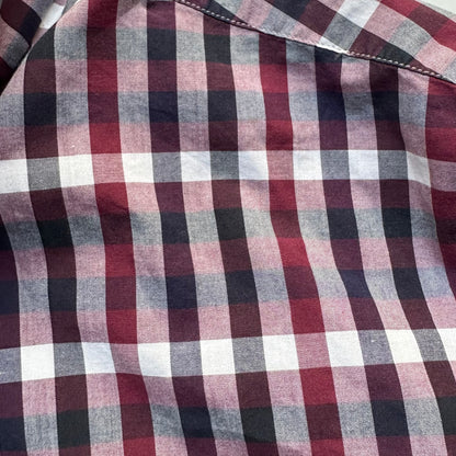 Mock Neck Burgundy Plaid Shirt - Upcycled Shirt 55 - S, Cotton