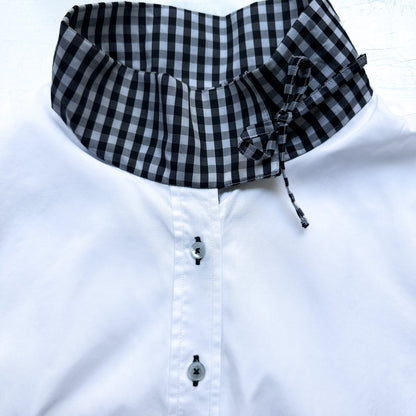 Mock Neck White Checks Shirt - Upcycled Shirt 57 - S, Cotton