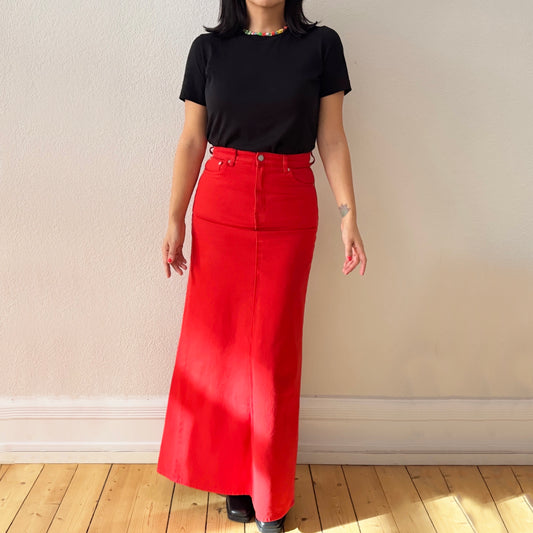 Upcycled Denim Maxi Skirt 22 - Red
