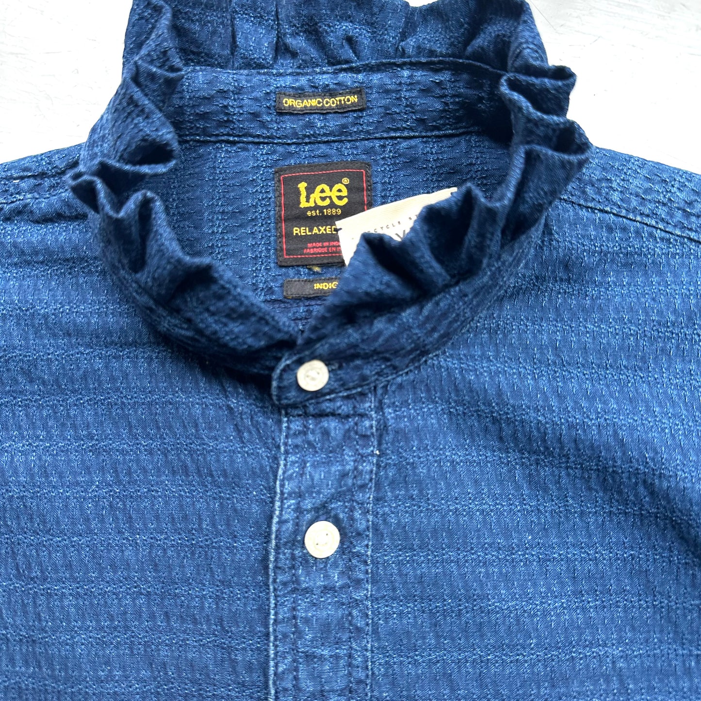 Denim Ruffle Neck Shirt - Upcycled Shirt 65 - S-M, Organic Cotton