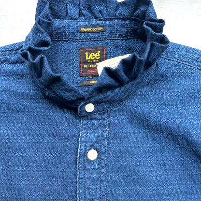 Denim Ruffle Neck Shirt - Upcycled Shirt 65 - S-M, Organic Cotton