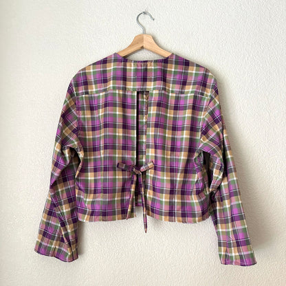 Purple Plaid Shirt - open back with bow- Upcycled Shirt 50 - S-M