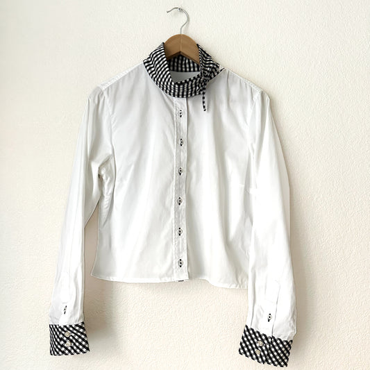 Mock Neck White Checks Shirt - Upcycled Shirt 57 - S, Cotton