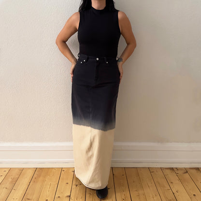Upcycled Denim Maxi Skirt 22 - Black Beige - Size M