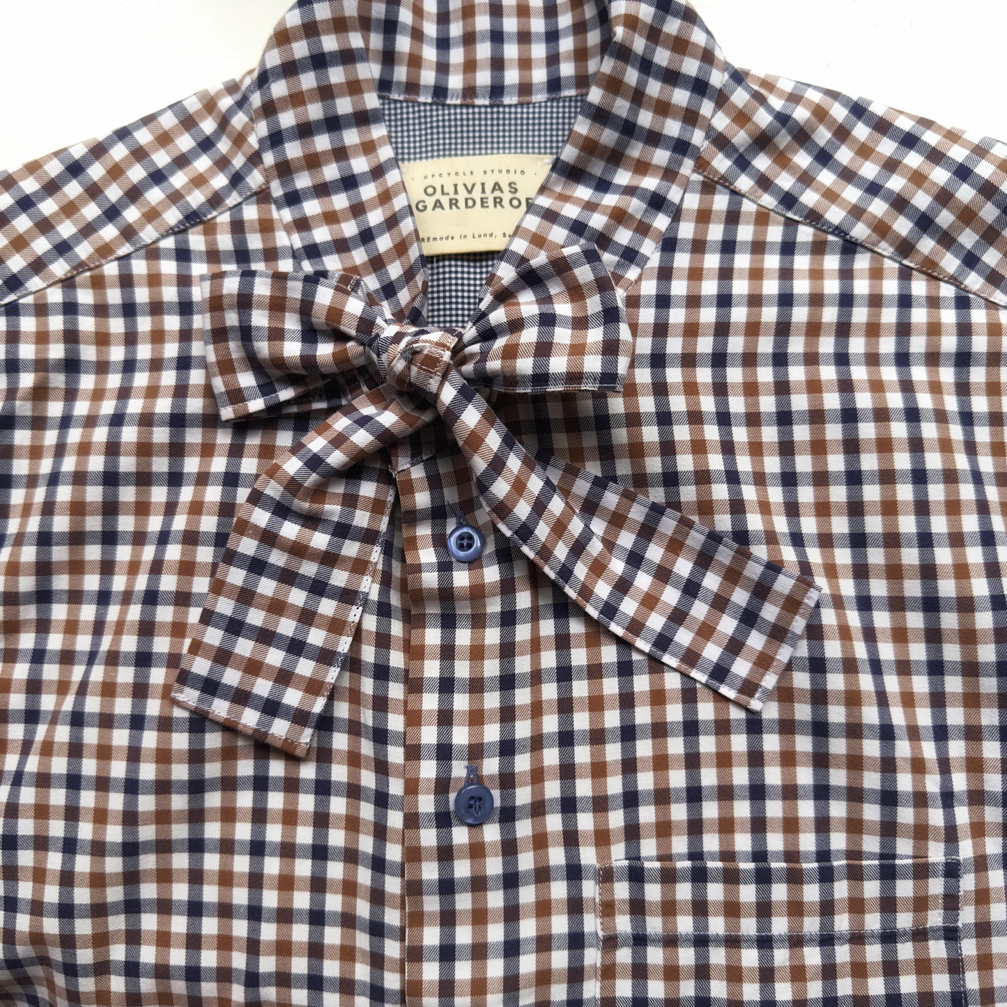 Checks tie neck - Upcycled Shirt 61 - M, Cotton