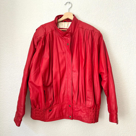 Vintage Red Leather Bomber Jacket