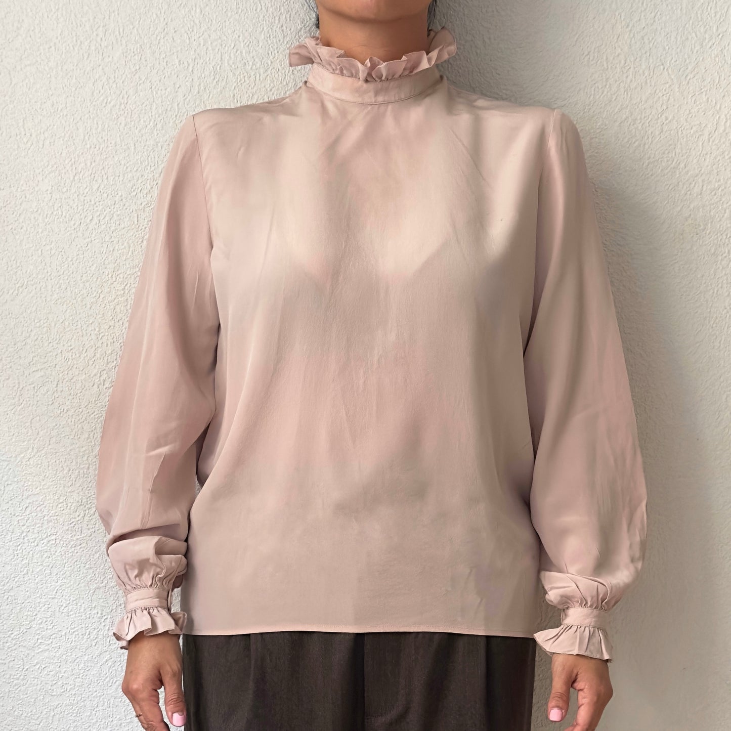 Vintage Pink Ruffle Collar Silk Blouse - size 40