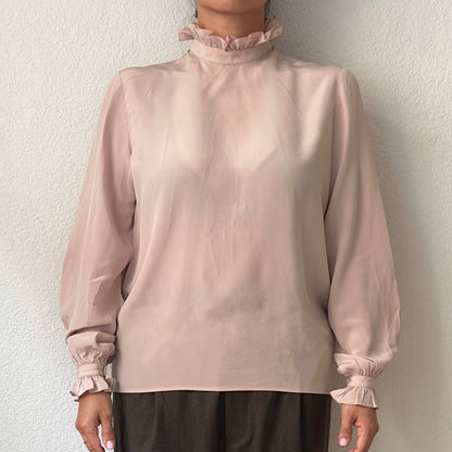 Vintage Pink Ruffle Collar Silk Blouse - size 40