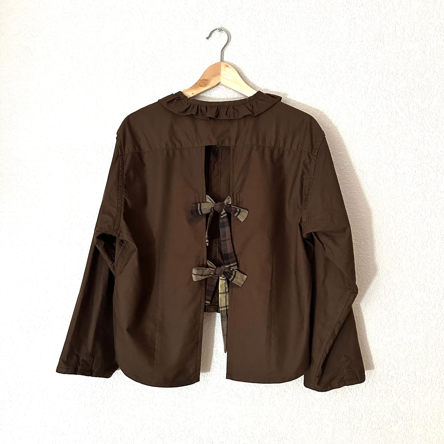 Brown Open Back Bow - Upcycled Shirt 28 - M-L, Cotton