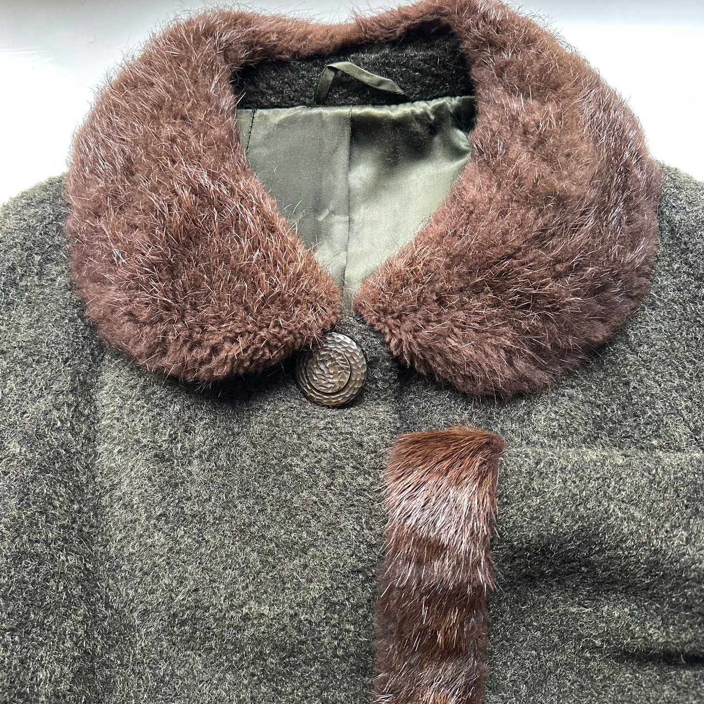 Vintage Green Coat - Real fur details, Size S-M