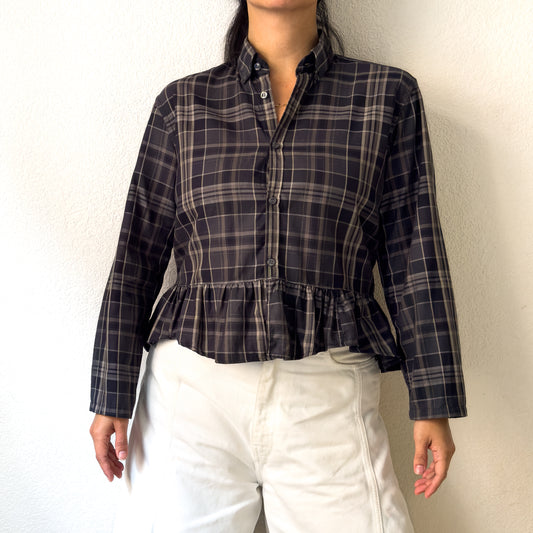 Peplum Plaid Shirt - Upcycled Shirt 52 - M, Cotton