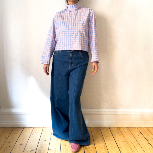 Mock Neck Pink Plaid Shirt - Upcycled Shirt 62 - M-L, Cotton