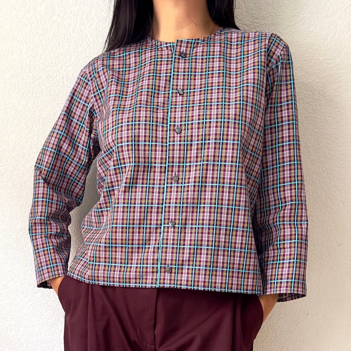 Purple Plaid Shirt - open back with bow- Upcycled Shirt 47 - S-M